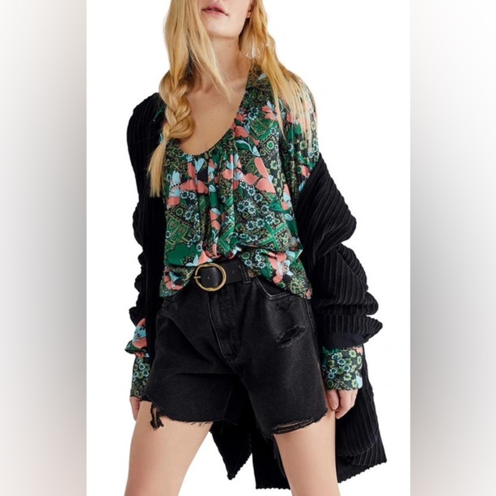 Free People Sage Floral Print U-Neck Top